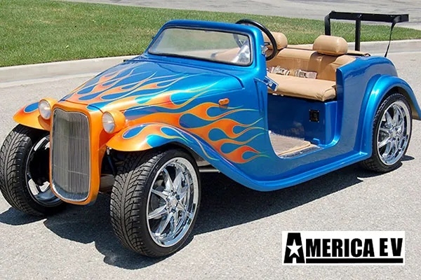 Blue California Roadster with Orange Flames affordable golf cart rental, golf cart rent irving golf cart rental