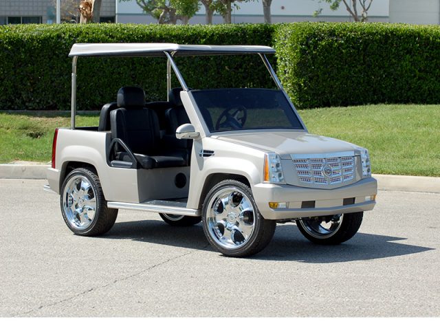 Silver Escalade Golf Cart With Roof and Custom Wheels affordable golf cart rental, golf cart rent irving golf cart rental
