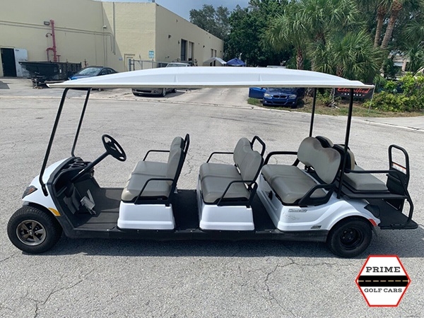White 8 Passenger Yamaha Limo Golf Cart affordable golf cart rental, golf cart rent irving golf cart rental